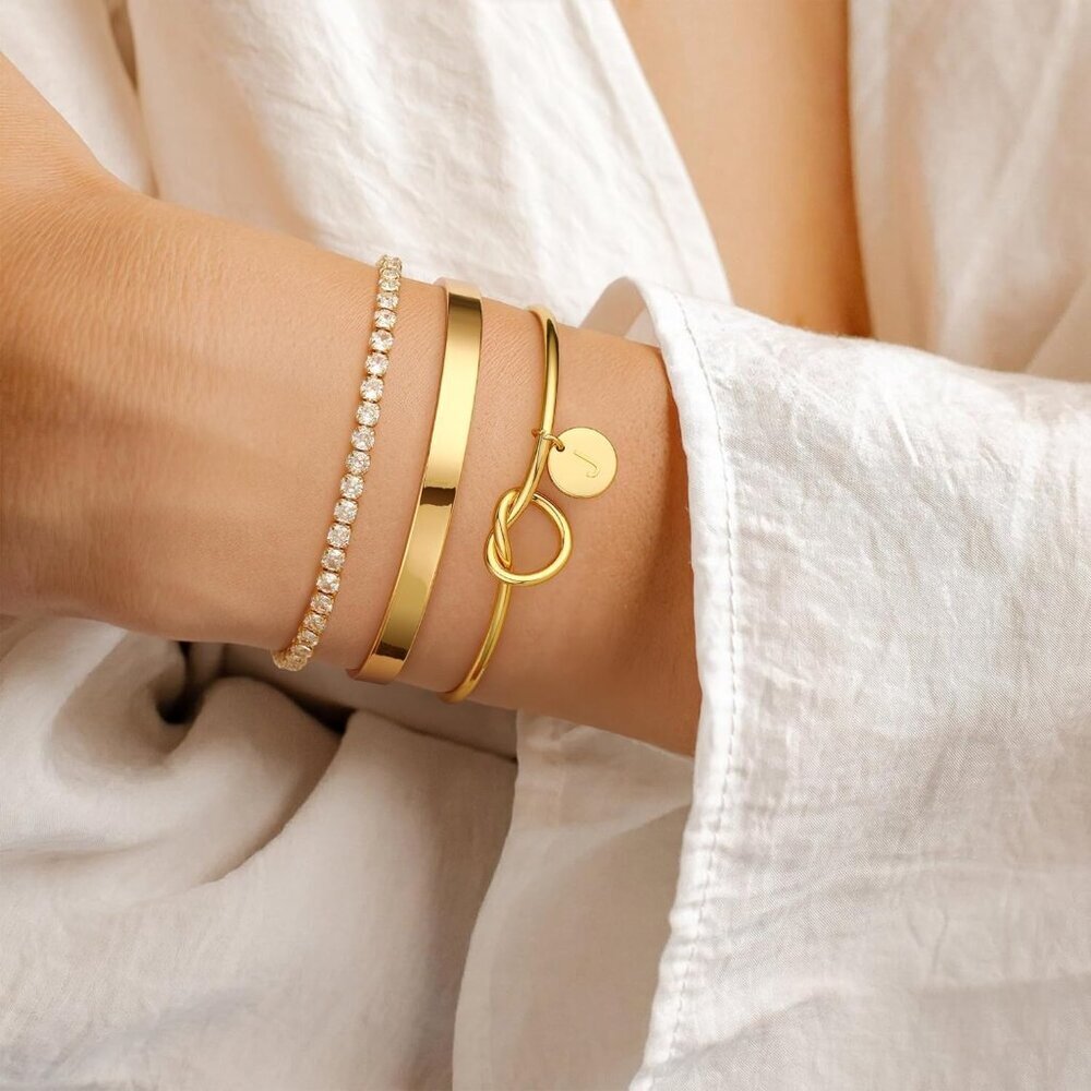 Gold Bracelets Set 3pc Stackable Cuff Tennis Init… - image 5